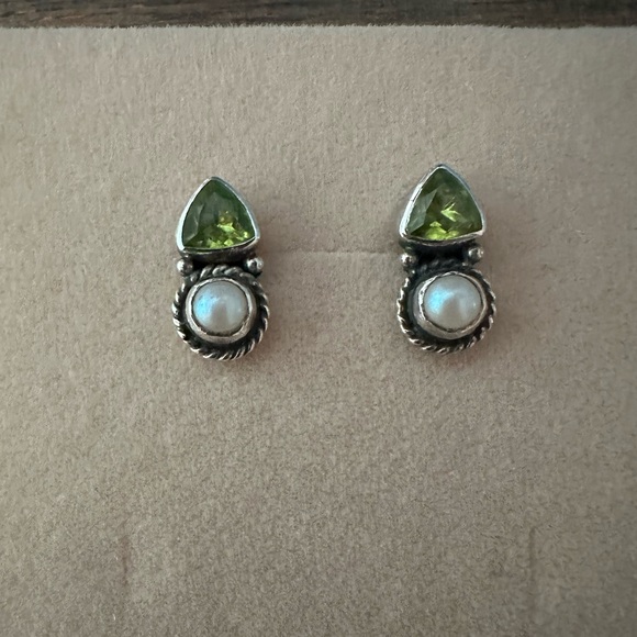 Sterling Silver Peridot and Pearl Earrings - Picture 3 of 3